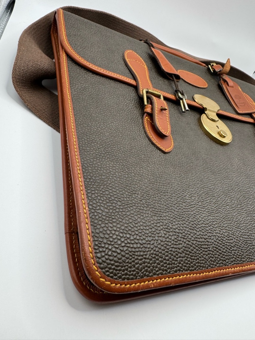 Mulberry England Vintage Scotchgrain Briefcase Satchel | Khaki Brass Lock + Key - Picture 8 of 16